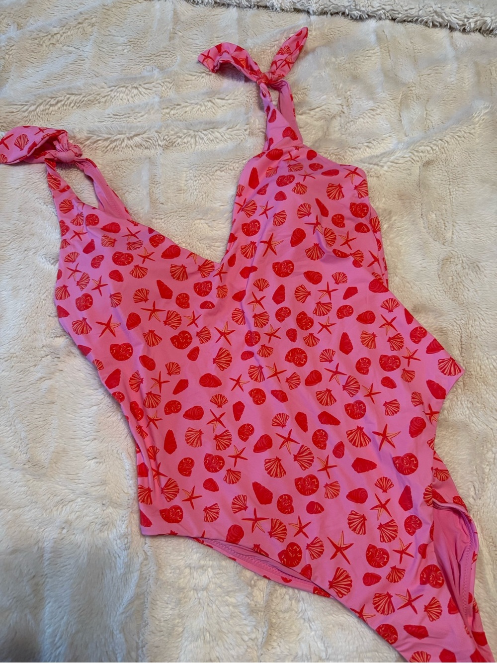 Aqua Pink One-Piece Swimsuit with Red Seashell Print